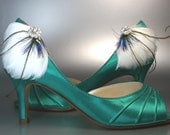 SAMPLE SALE Wedding Shoes -- Jade Green Wedding Peep Toes with White Feathers and Rhinestone Accent -- Size 6 Wide Only