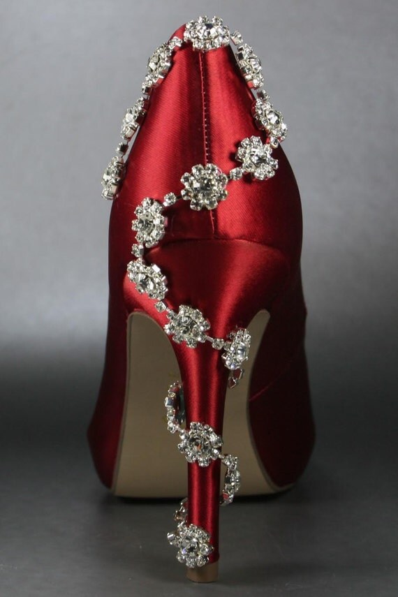 Wedding Shoes -- Red Platform Peeptoes Silver Rhinestone Detail on Heel