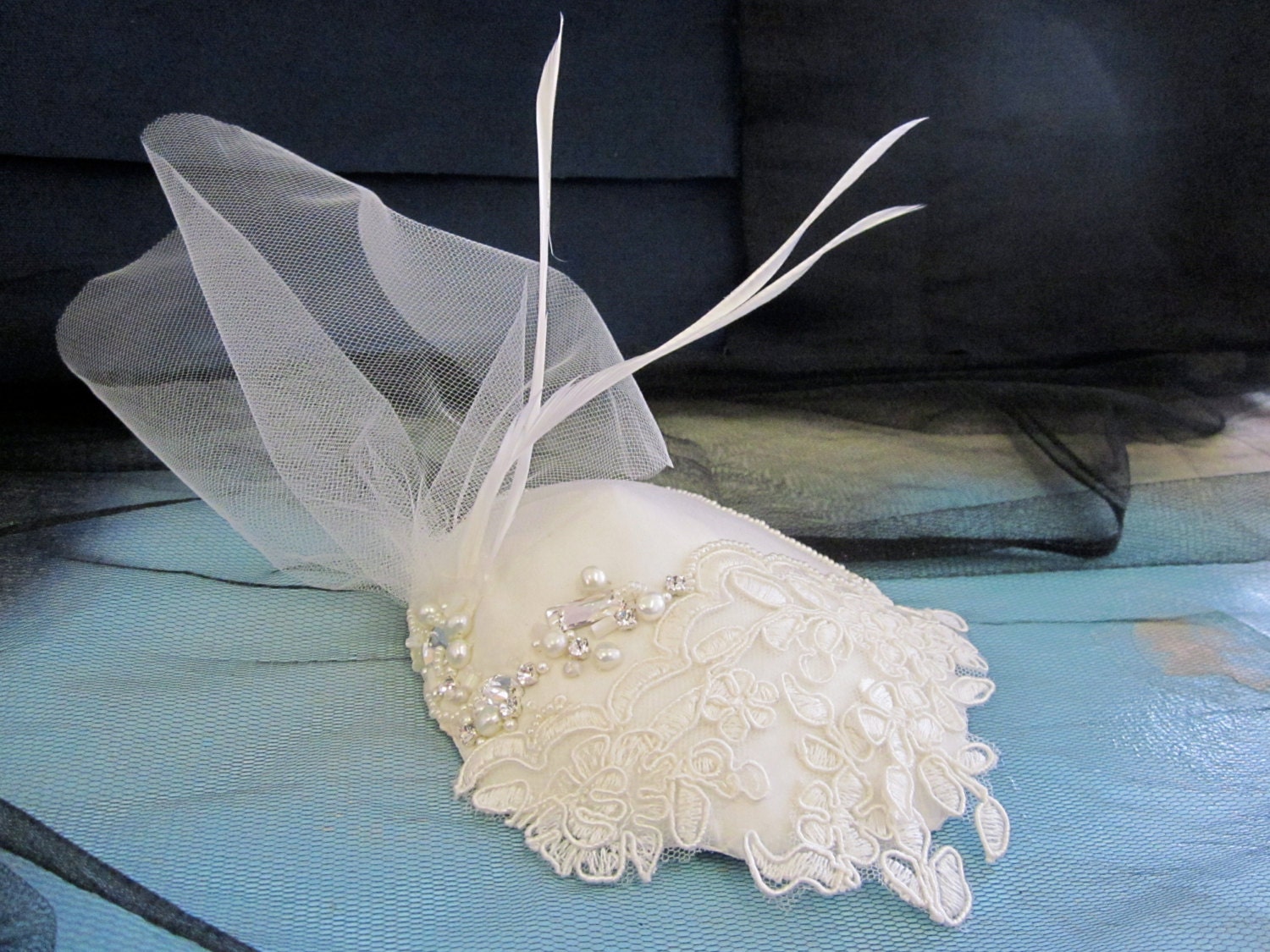 LACE FASCINATOR hat head piece with crystals pearls and feathers