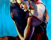 Salsa dancers, intimate couple, seductive dance, art print, salsa dress, passionate dancing couple complimentary colors, tango