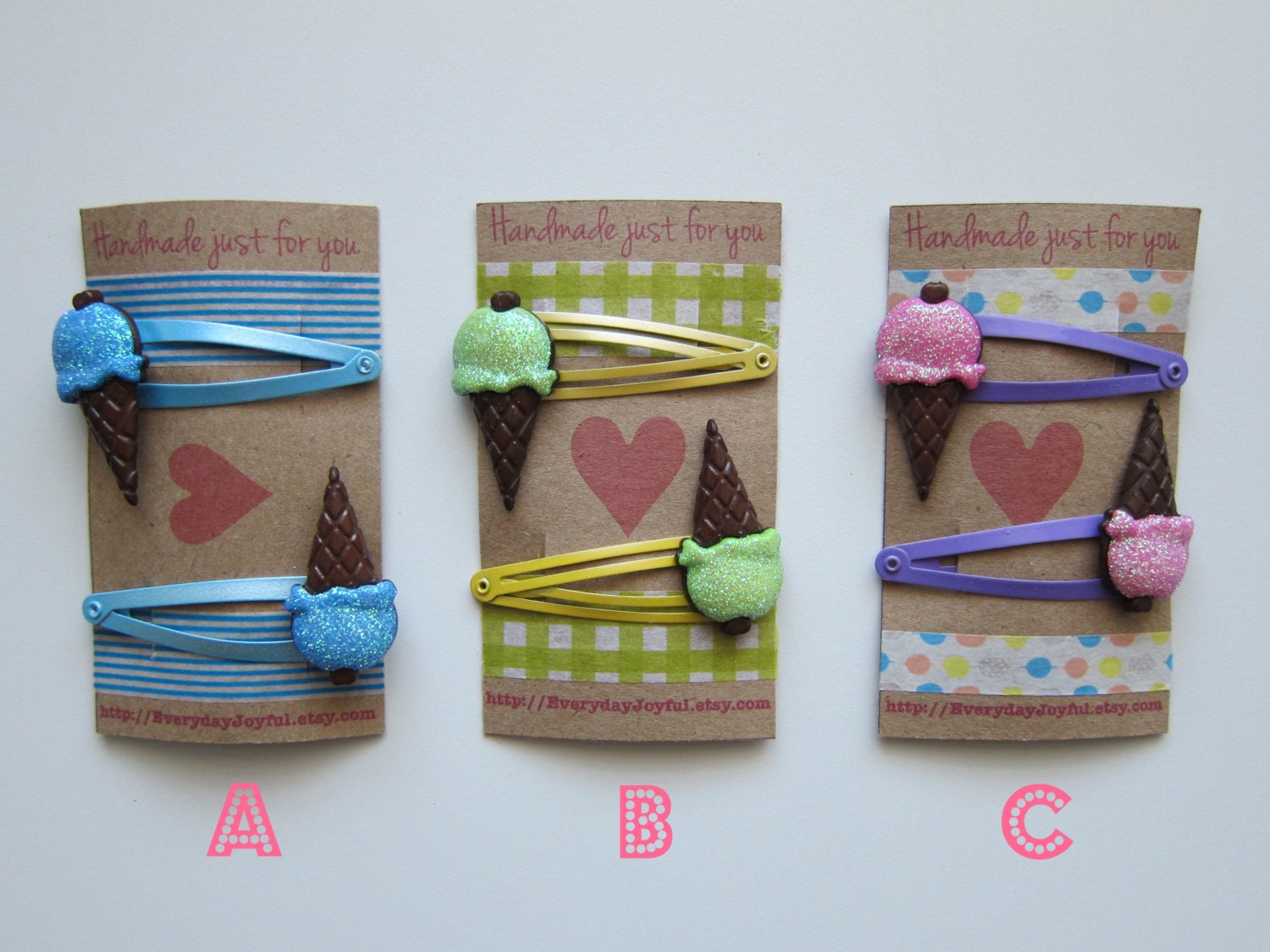 Ice cream hair clips: glittery, blue, green and purple. Ready to gift.