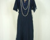 GLAMOROUS French 1920s Navy Silk Embroidered Net Lace Flapper Dress - 20s Full Gored Skirt & Flutter Sleeves