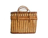 Vintage Wicker Basket Woven Two Toned Picnic or Storage Box with Handles