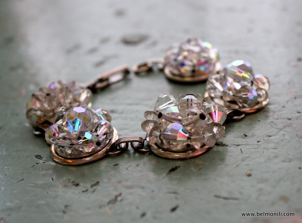 Vintage Crystal Cluster Bracelet Upcycled Bride, Bridesmaid, Wedding Jewelry