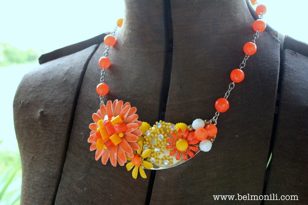 Orange Daisy Collage Statement Necklace Vintage Assemblage