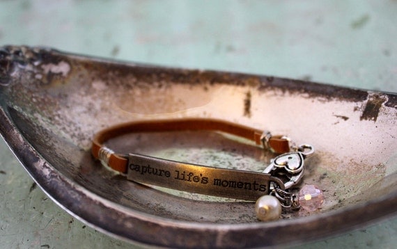 Bracelet Leather Quote "Capture Life's Moments" Pink Crystal Pearl BEST GIFT photographer