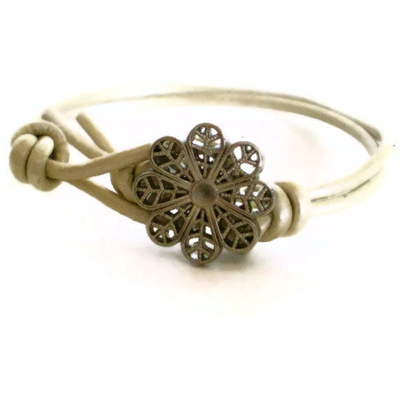 cream leather bracelet, friendship bracelet, button cuff, boho, rocker style, stacking bracelet