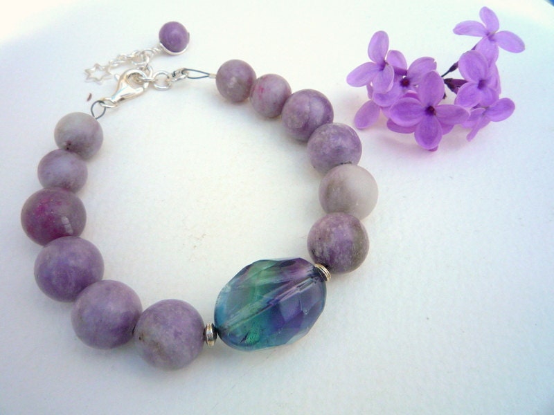 Lilac Stone semiprecious stones  with Rainbow Fluorite  faceted nugget focal bead  ,bracelet.