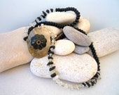 Long Black Agate ,Crystal Quartz,Moonstone semiprecious stones,necklace with Mother of Pearl Pendant.