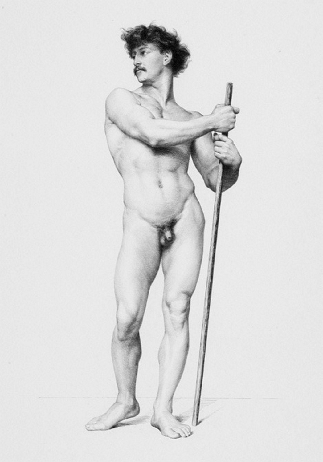 Male Pencil Graphite Drawing Figure Nude with pole on 18x24" Bristol Paper Charcoal