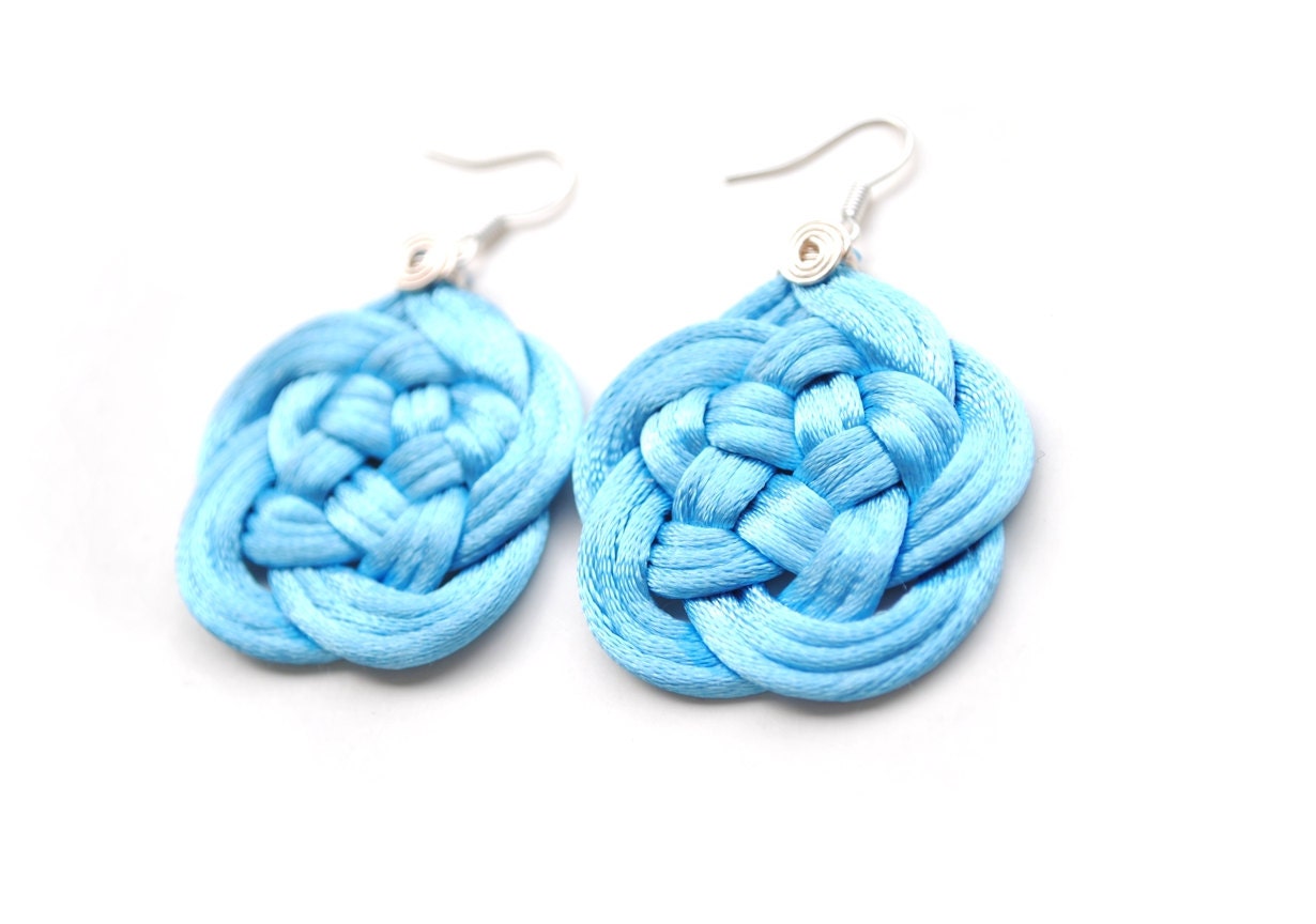 Light blue flower knot earrings, satin cords, turk's head, spring summer 2013 trends, delicate, elegant, gift for her, rope jewelry