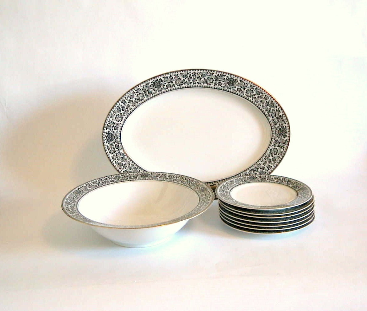 Vintage 14" Platter LARGE Serving Bowl (7) Bread Butter Plates - Black & White Fine China by Carriage House PATTERN Castile 458