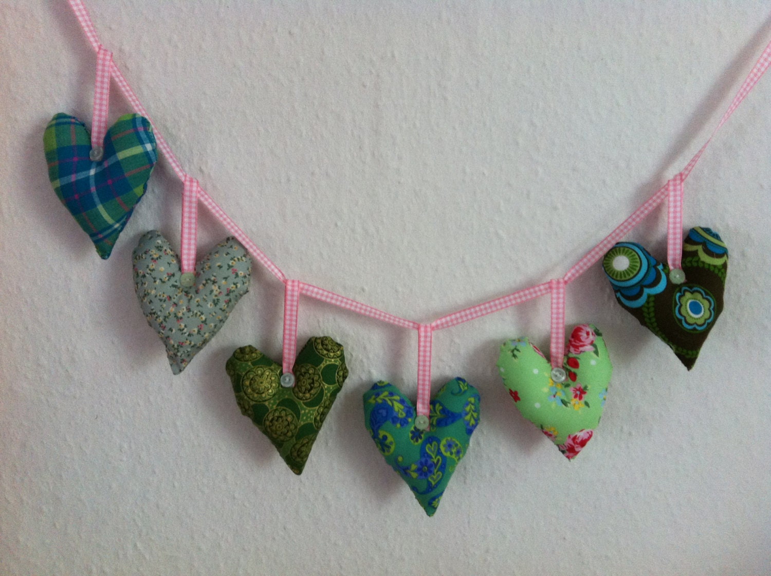 Fabric heart garland/bunting/banner/wedding/events in green   floral  cotton fabrics
