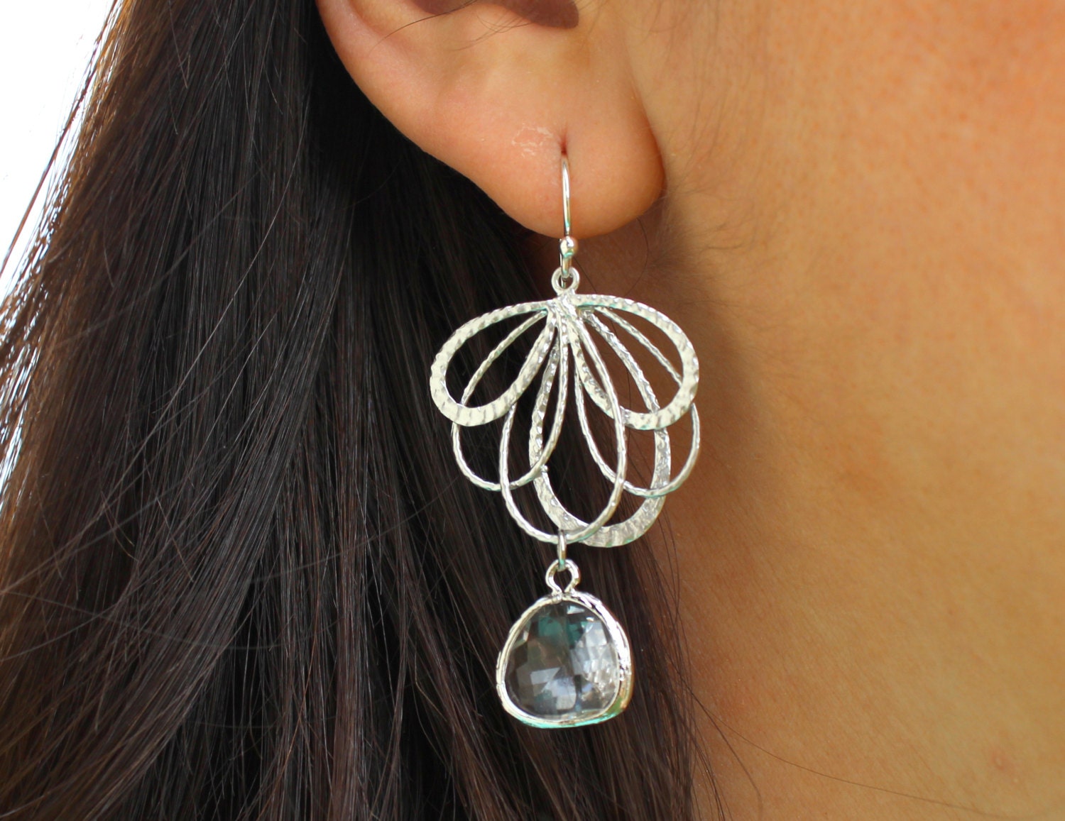 Clear Crystal Earrings Silver Feather -  Bridesmaid Earrings - Bridal Earrings - Wedding Jewelry