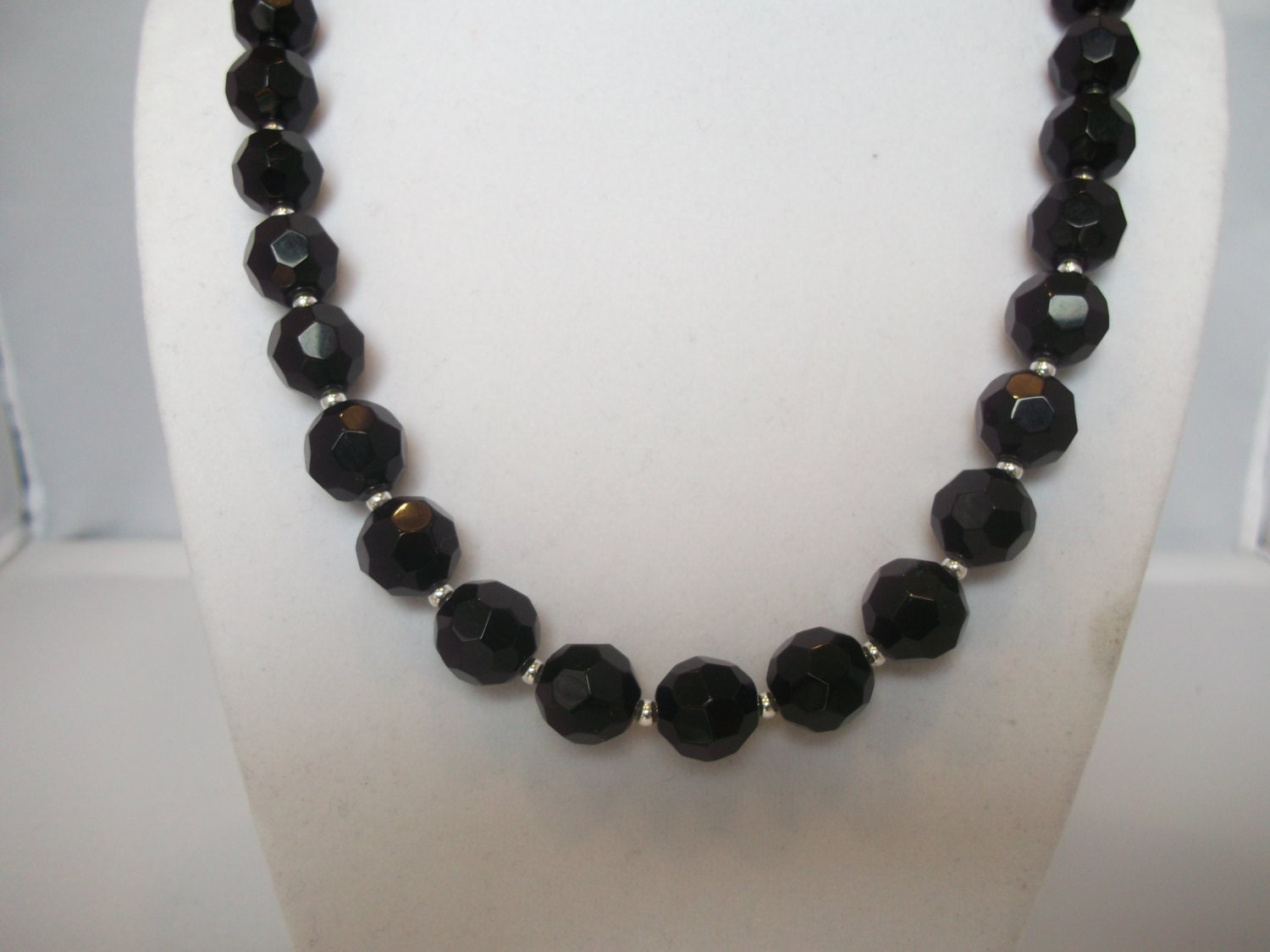 Black Octagon & Sterling Silver Beaded Necklace, Beadwork, Statement Necklace