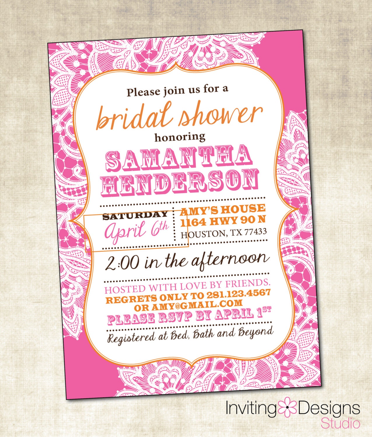 Bridal Shower Invitation, Lace, Pink, Orange, Rustic, Chic, Customize Your Color (PRINTABLE FILE)