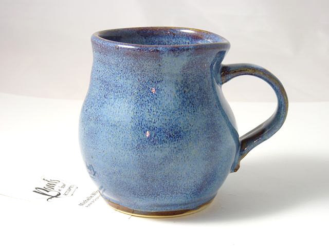 Large Pot Bellied mug in textured blue glaze breaking brown
