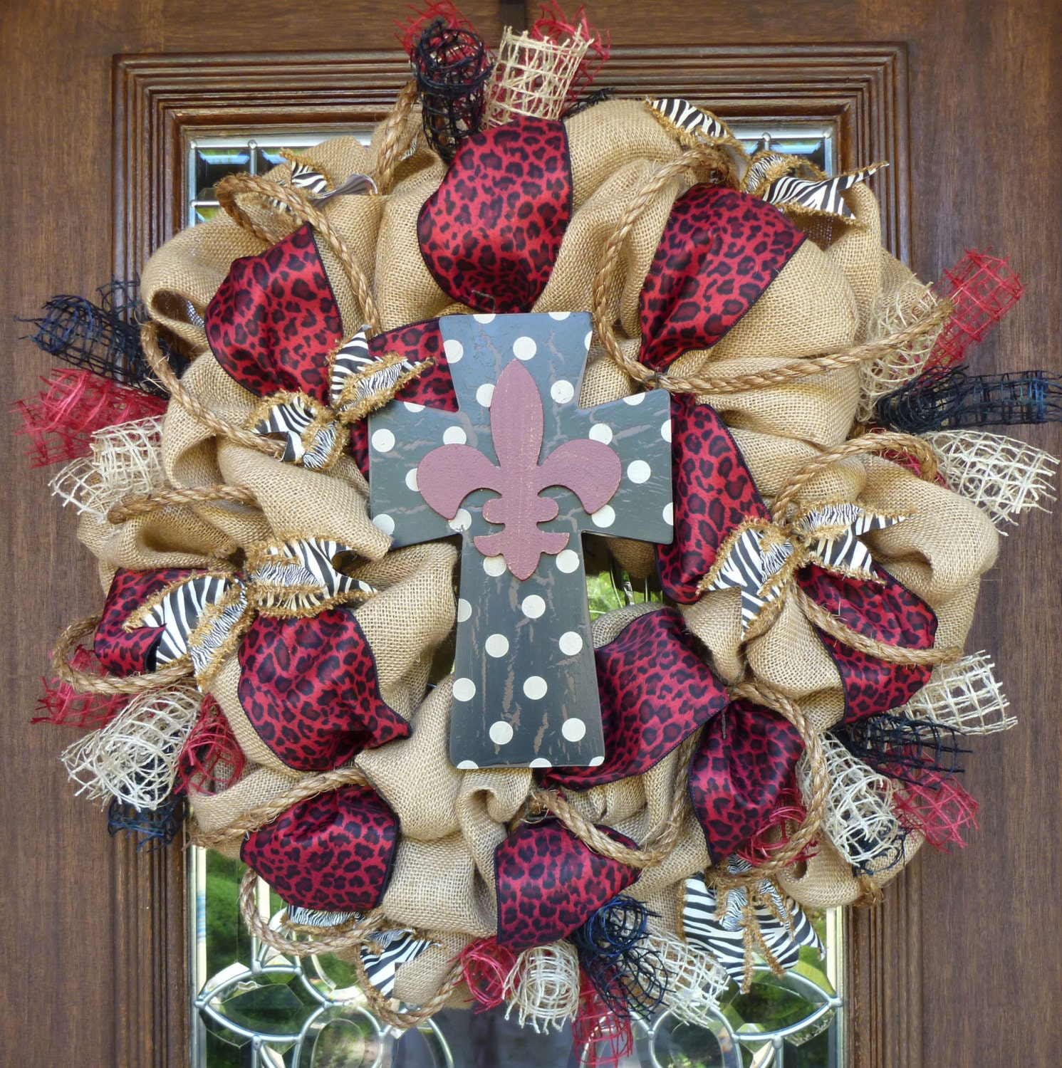 BURLAP CROSS WREATH with Red Leopard Ribbon