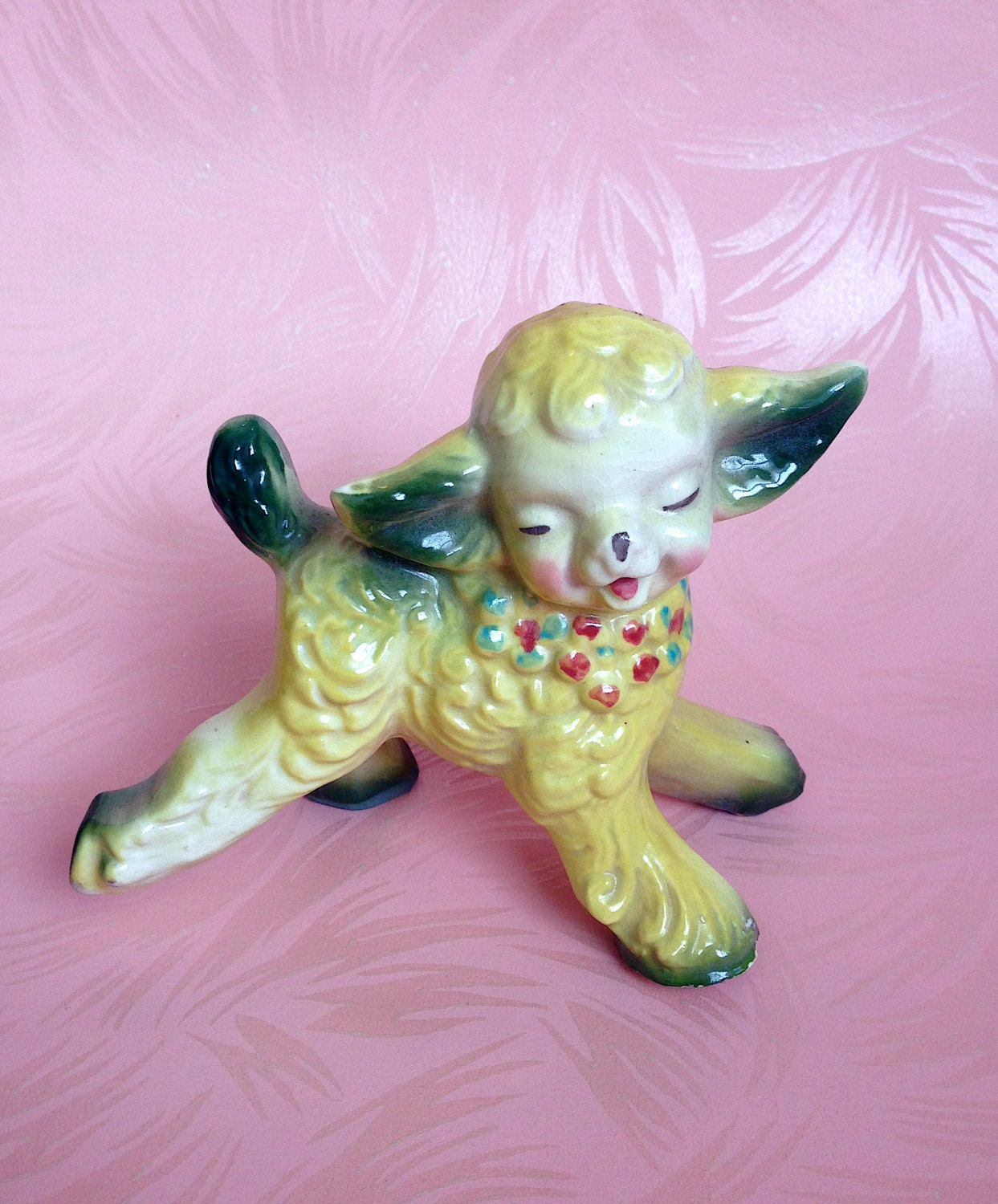Kitschy Cute Vintage Baby  Lamb Sheep Figurine Bright Yellow and  Green Easter