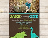 Printable Dinosaur Birthday Party Invitation -- sarah O chic -- green, turquoise, brown, plaid, with photo