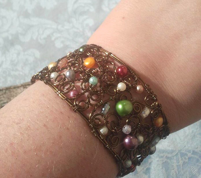 OOAK Wire Wrapped Cuff Bracelet With Pearls - "Mermaid's Treasure Box"