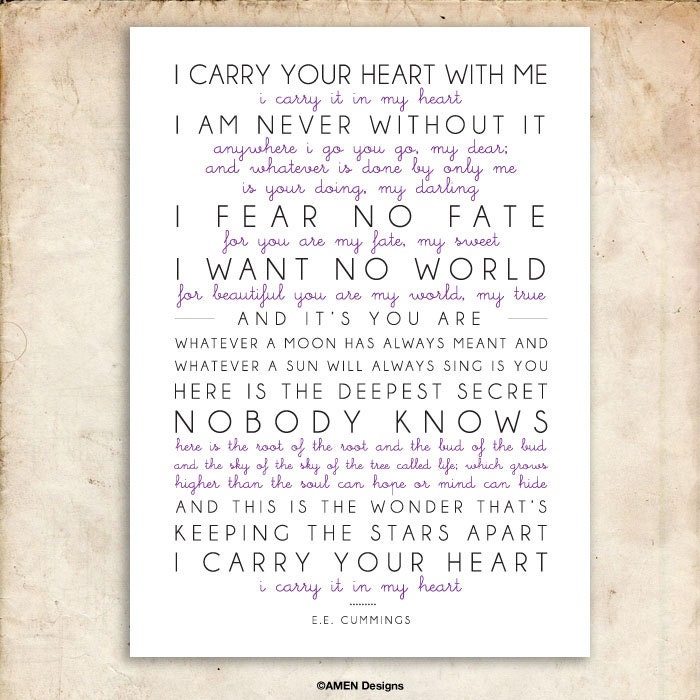 i carry your heart. e. e. cummings Poem. by AmenPrintables on Etsy