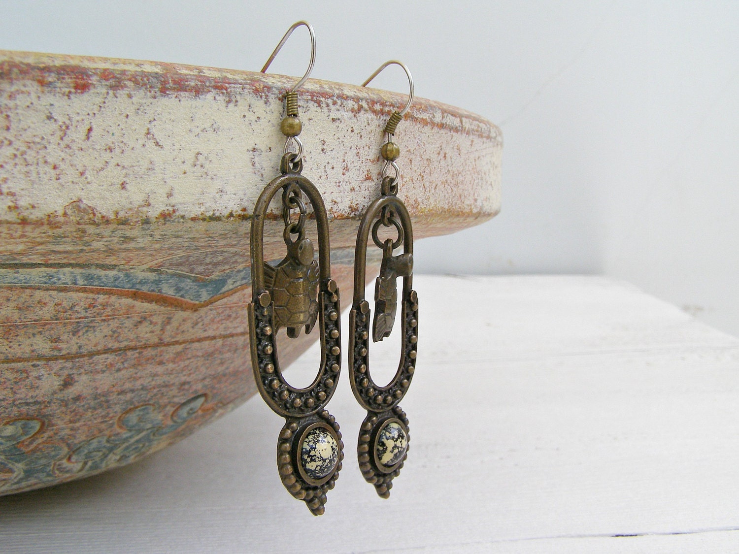 Vintage Boho Dangle Earrings, Turtle earrings, Long Earrings, Casual Jewelry, hippie, gypsy
