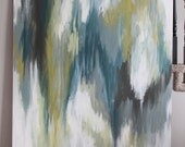 Absolutely Huge--Abstract Painting. Ikat inspired. Green, Turquoise, Gray, Chocolate, White, Navy