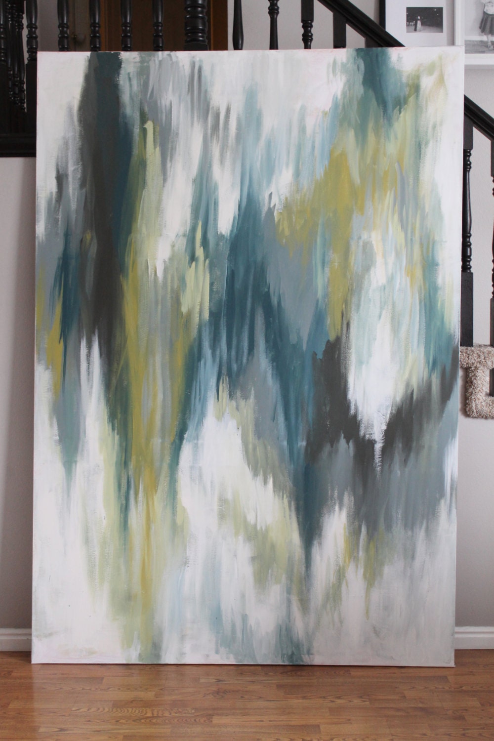 Absolutely Huge--Abstract Painting. Ikat inspired. Green, Turquoise, Gray, Chocolate, White, Navy
