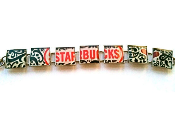 Resin Jewelry, Recycled jewelry, Starbucks Jewelry, custom bracelets, silver bracelets (Starbucks love)