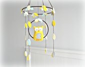 BABY REGISTRY LISTING for Courtney Howland: Woodland Owl baby mobile - nursery decor - Yellow, gray, blue, ivory