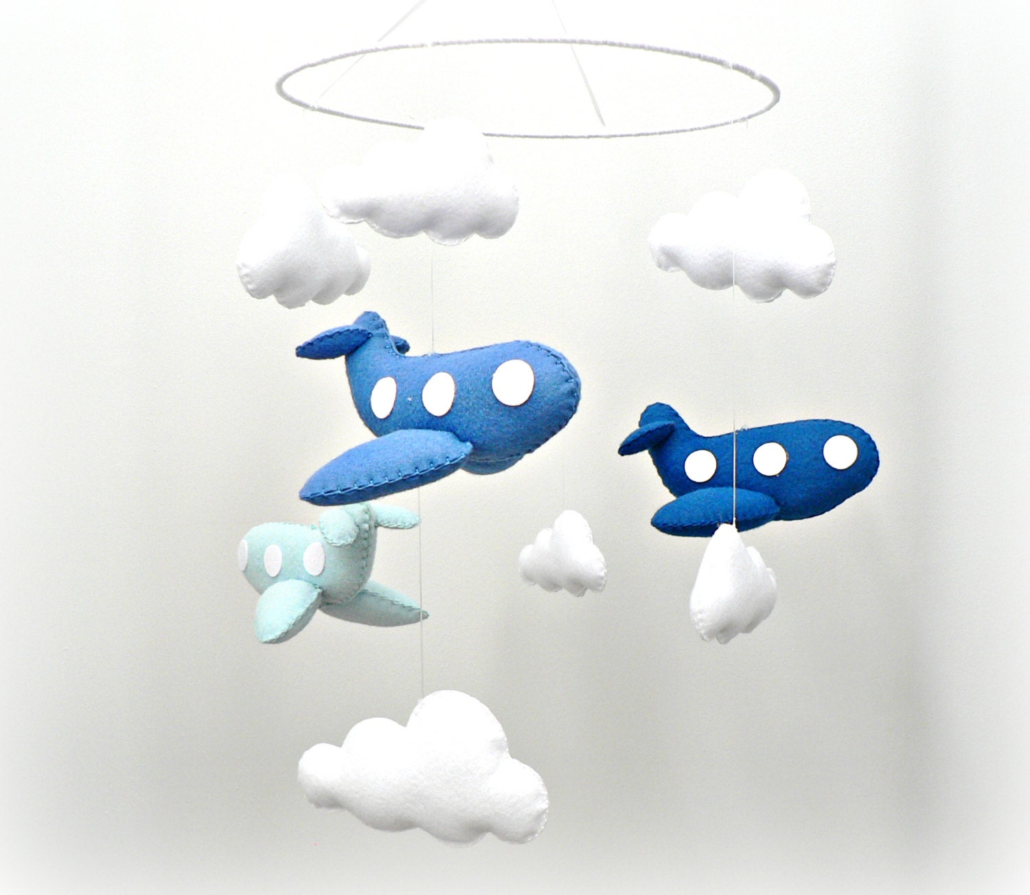 Airplane mobile - blue felt airplanes and white clouds - You pick your colors - Nursery decor - made to order
