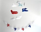 Airplane mobile and banner combo - You pick your colors - red and blue felt airplanes and white clouds - Nursery decor