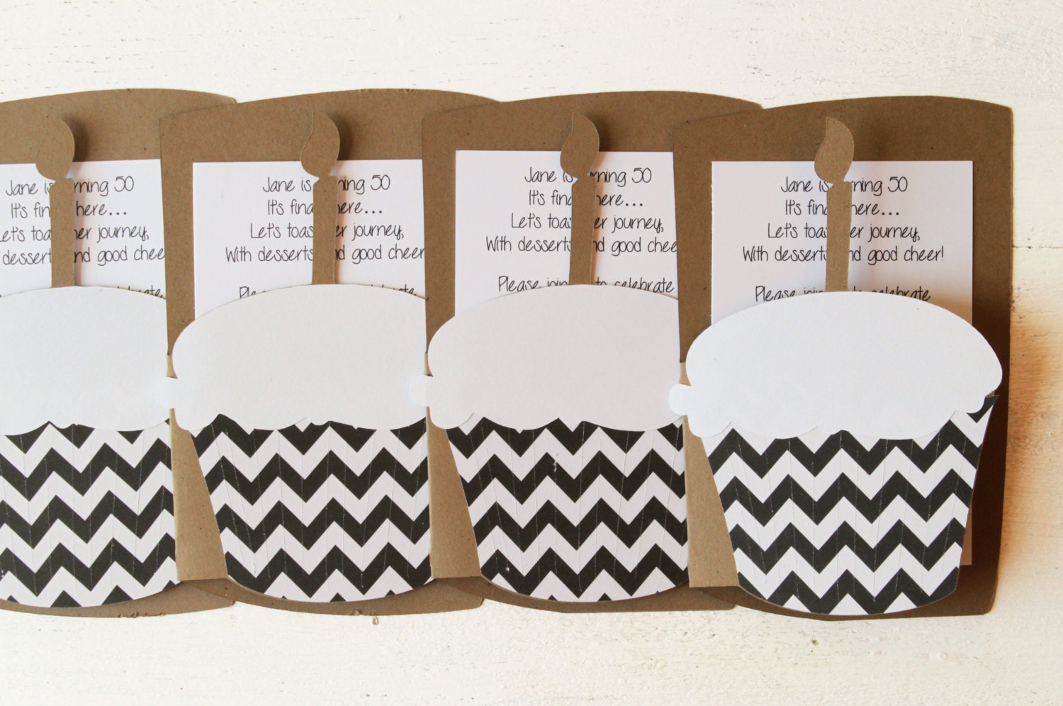 Black and White Chevron Cupcake Invitation Cupcake Party Girl 50th Birthday Invite Custom Invitation Black and White Party - Set of 10