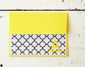 Personalized Stationary Bright Yellow and Black Custom Stationery Black and White Quatrefoil Moroccan Trellis Initial Note Cards- Set of 10