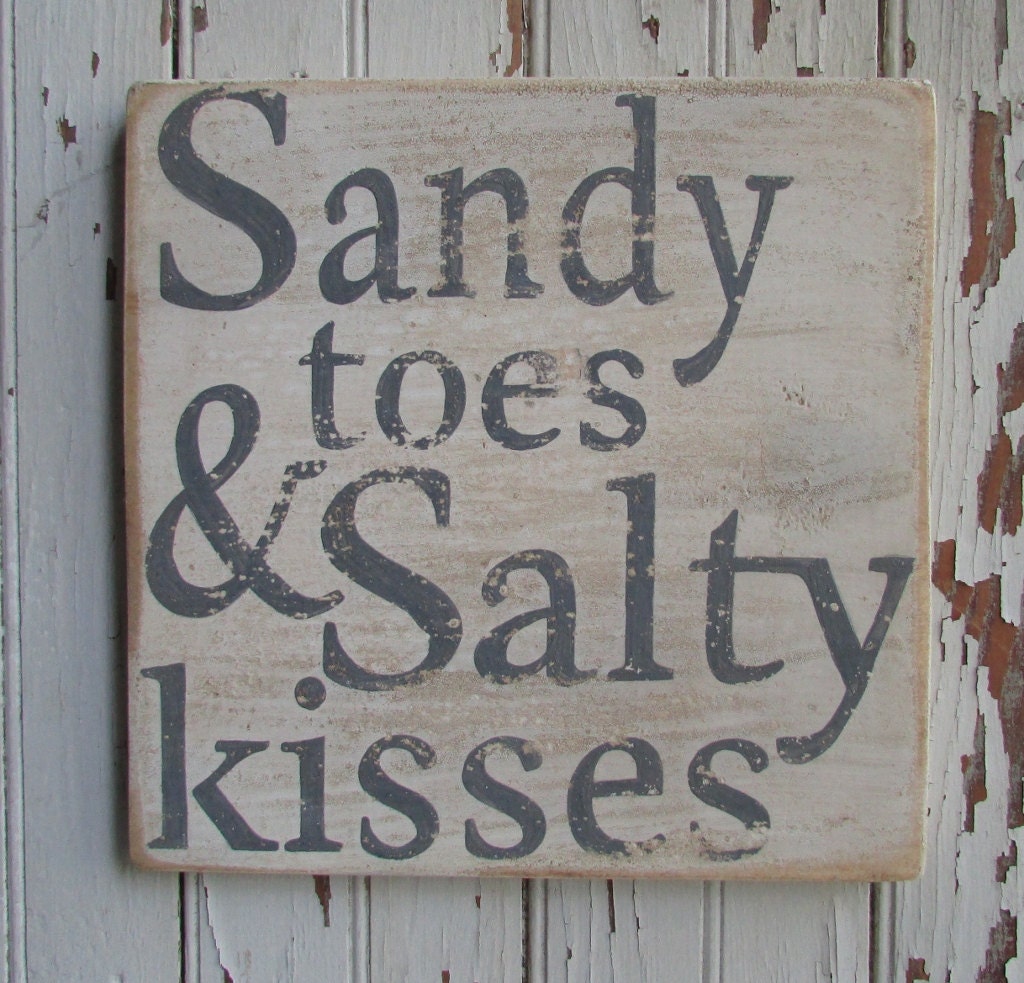 Sandy toes & Salty kisses Vintage White Beachy Wooden Handpainted 9x9 Square Sign Wall Art