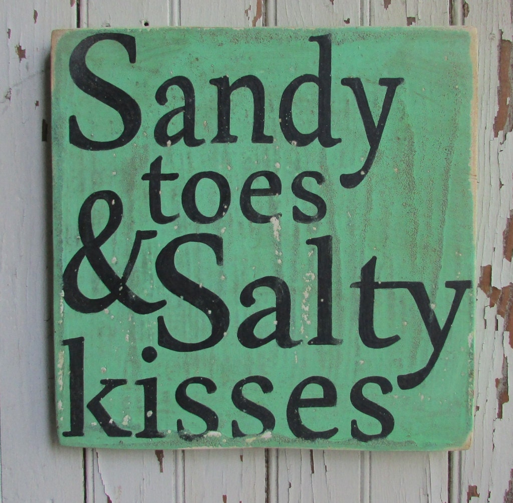 Sandy toes & Salty kisses Green Beachy Wooden Handpainted 9x9 Square Sign Wall Art