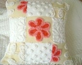 Pink Daisies on Butter Creme Yellow - 18" Pillow - Pink, Red, White and Butter Yellow Vintage Chenille - Down Alternative Insert