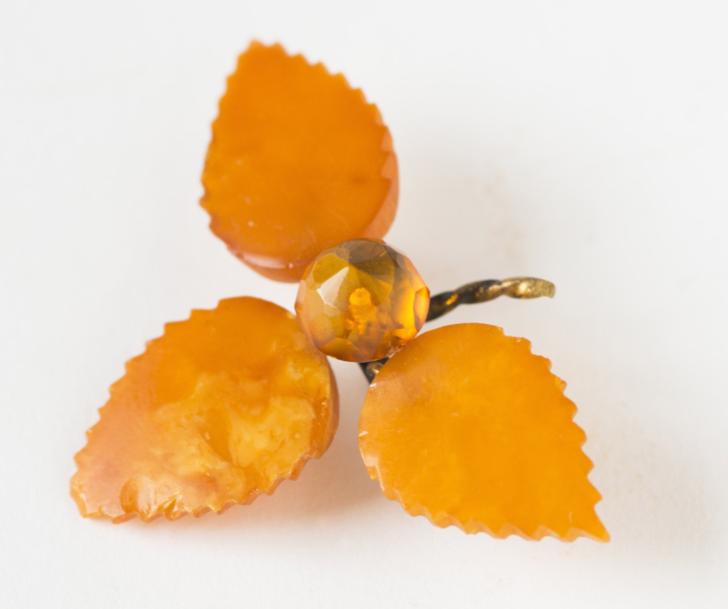 Antique amber brooch - amber leaves pin - caramel orange Soviet brooch