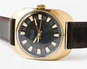 Vintage men's wristwatch Poljot gold plated watch black face watch Soviet