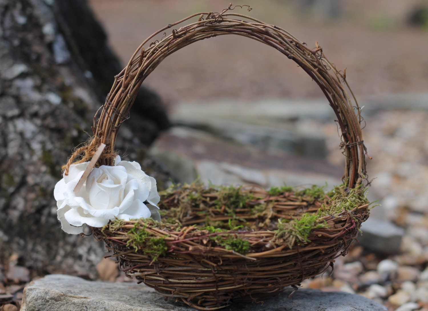 Flower Girl Basket Nest Personalized, Paper Roses Rustic Woodland Wedding