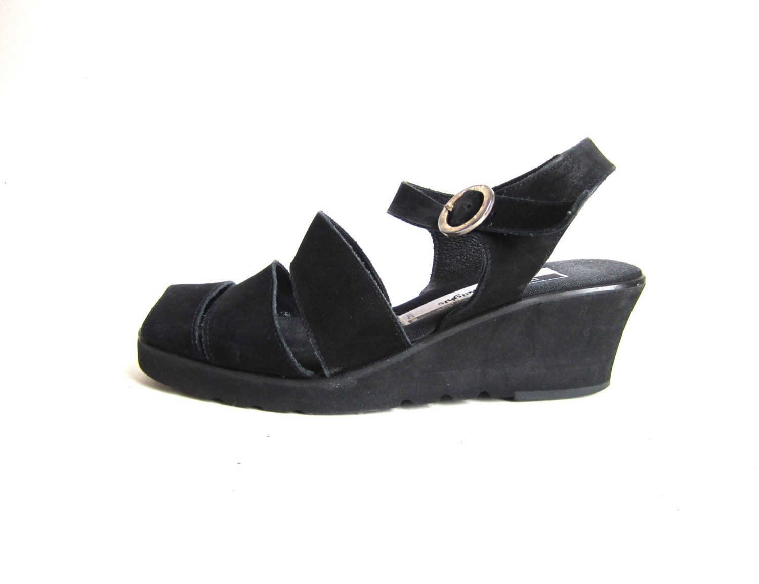 90s Black Suede Buckle Chunky Strap Wedge Heels 7