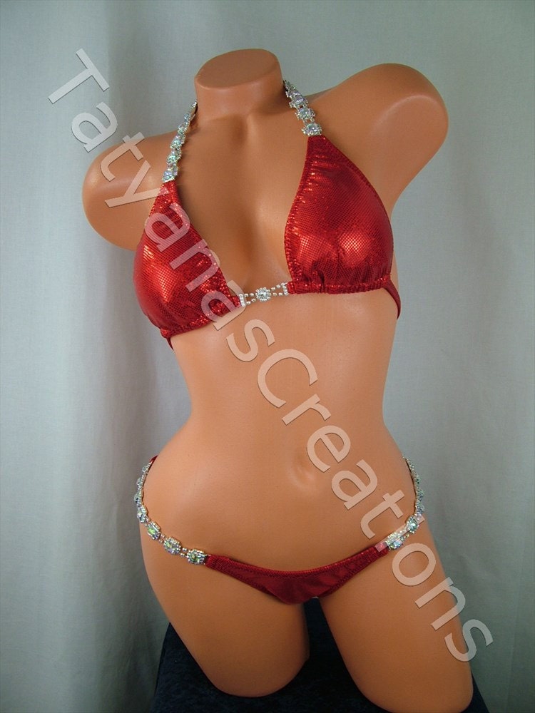 Bright Red with Square Connectors Competition bikini suit B- cup Small- bottom