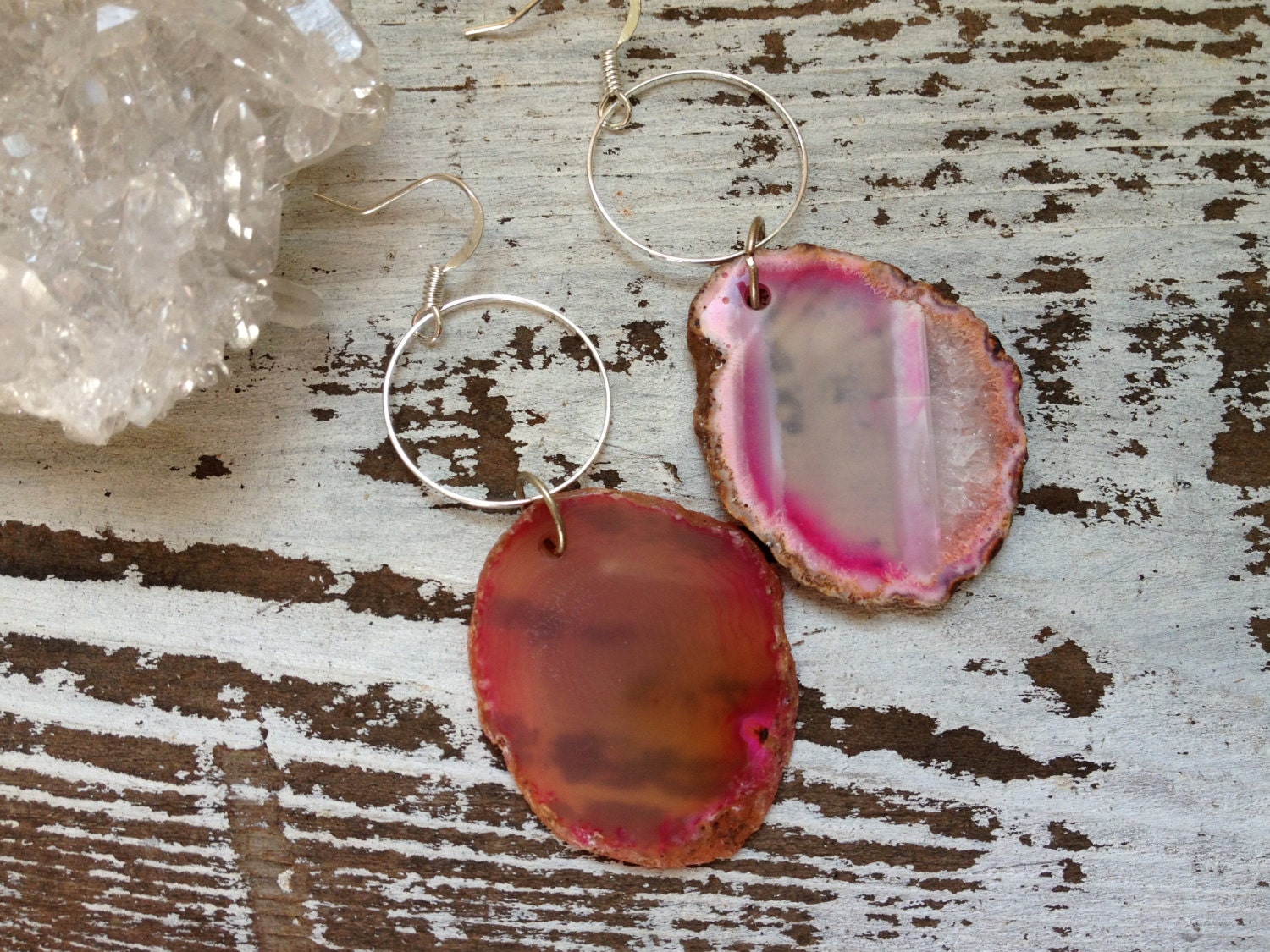 FIRE /  Raw Druzy Agate Earrings- Agate Slice, Geode, Crystal, Gemstone, Long, Summer, Native, Boho, Gypsy, Tribal, Fashion, Gift