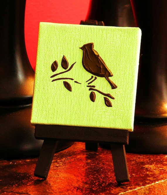 Mini Bird on a Branch with Easel. Original Handpainted Acrylic Thick 3d Texture Impasto Palette Knife Painting. Size 3 x 3.