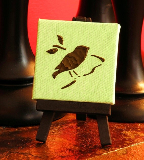 Mini Bird on a Branch with Easel. Original Handpainted Acrylic Thick 3d Texture Impasto Palette Knife Painting. Size 3 x 3.
