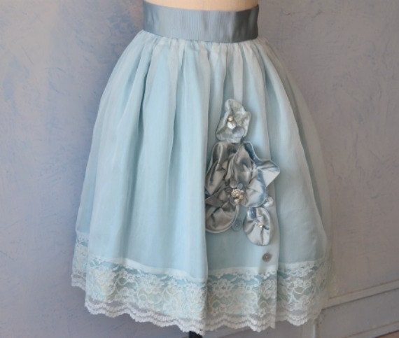 Something Blue Silk organza short skirt Bridal Cocktail vintage lace embellished flowers