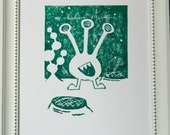 Space alien print.  Original Artwork.  Boys Block Print.  5 x 7 inches