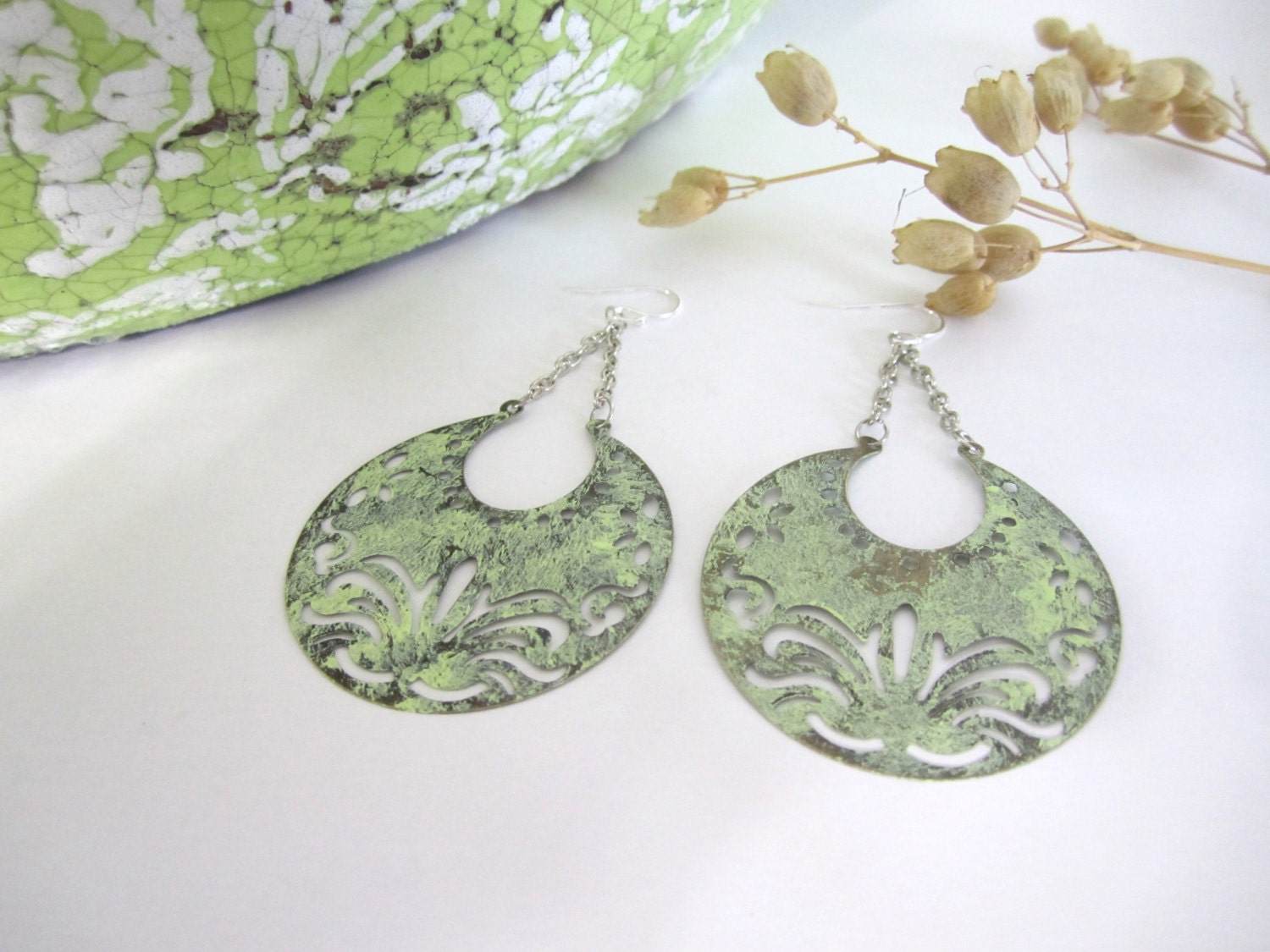 Tribal Half Moon - Crescent Moon - Distressed Patina Earrings in Yellow/Green "Lemonade"