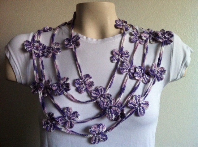 Crochet Purple and Pink Flower Scarf Necklace, Crochet Cotton Scarf, Purple and Pink Flower Scarf, Usa Seller